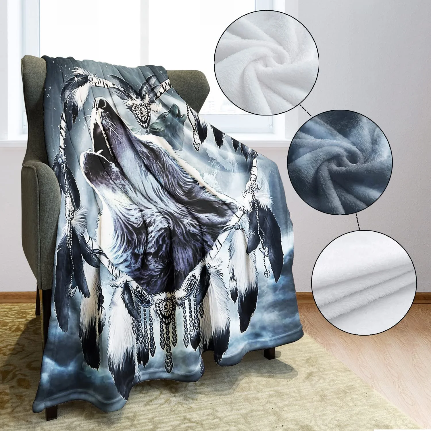 Фланелевое одеяло Violetpos 150 x 200 см Мягкое флисовое одеяло Уютные одеяла Мягкий плед для кровати Волк Душа Ловец снов в форме сердца, фото №5