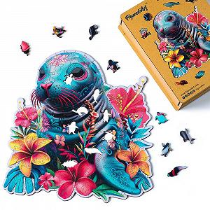 Дерев'яний пазл Figured'Art Animals Seal and Flowers 200 елементів 26.5 x 28.5 см унікальна форма дерев'яна коробка - Фото 1