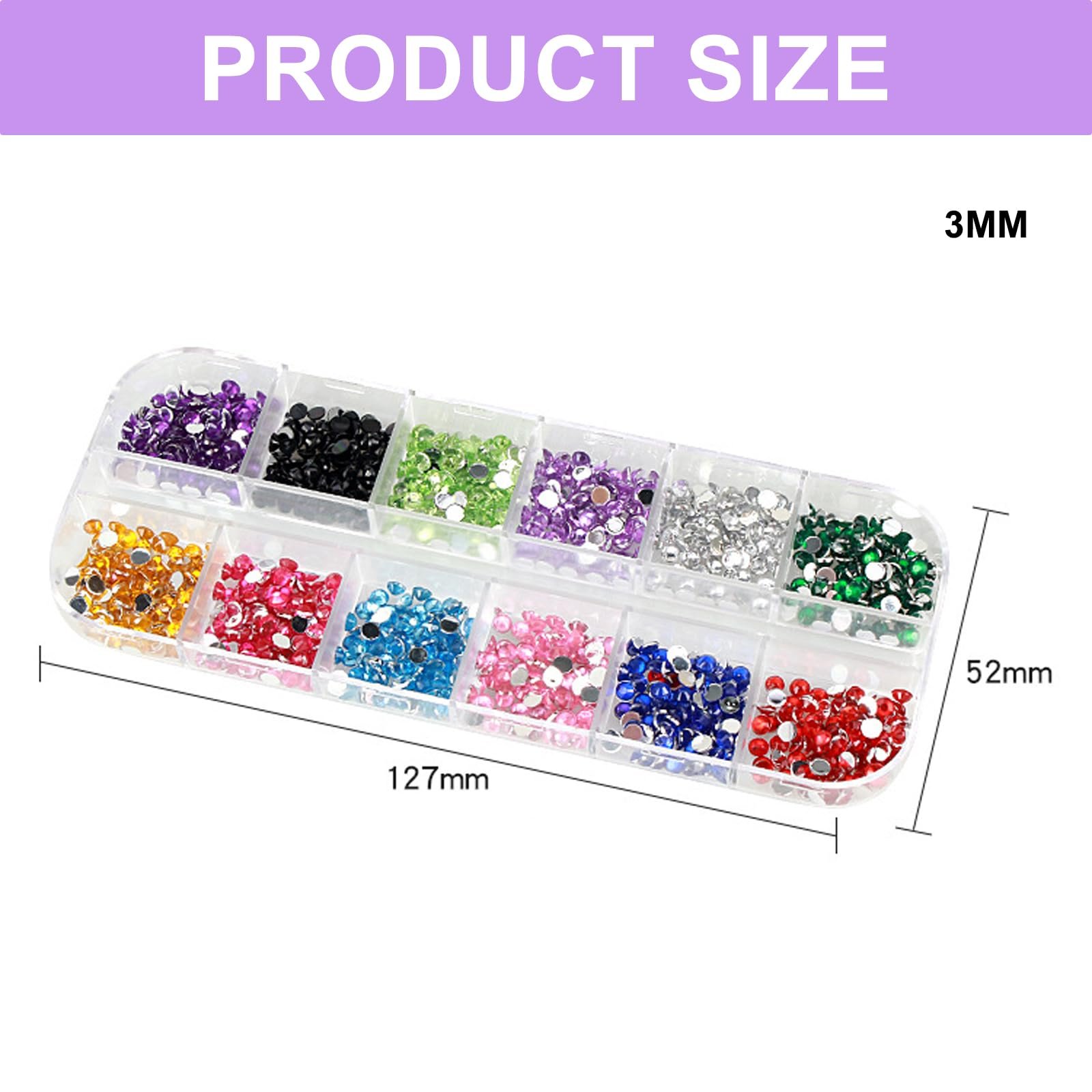 Стразы круглые 3 мм 1200 шт. Разноцветные камни для DIY рукоделия, стразы для дизайна ногтей, одежды и рукоделия, 12 ярких цветов, фото №2