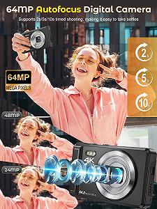 Цифровая Фотокамера 4K 64MP, 2.8 Дюйма UHD Автофокус, Карта 32GB и Батарея, 16X Цифровой Зум, Перезаряжаемая Портативная Компактная, для Детей Начинающих Подростков synthetic.ua - Фото 1