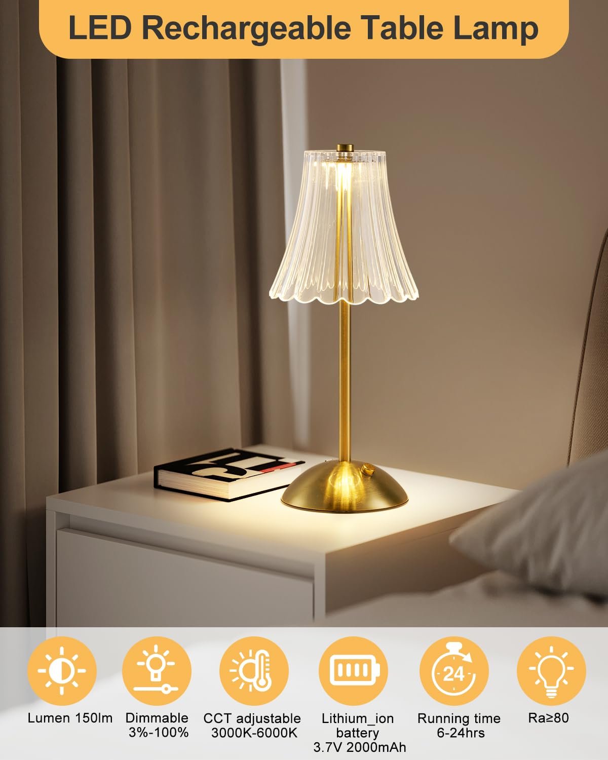 Настільна лампа HARPER LIVING LED Акумуляторна 3 кольори Димуєма Сенсорна Поліроване золото, фото №3