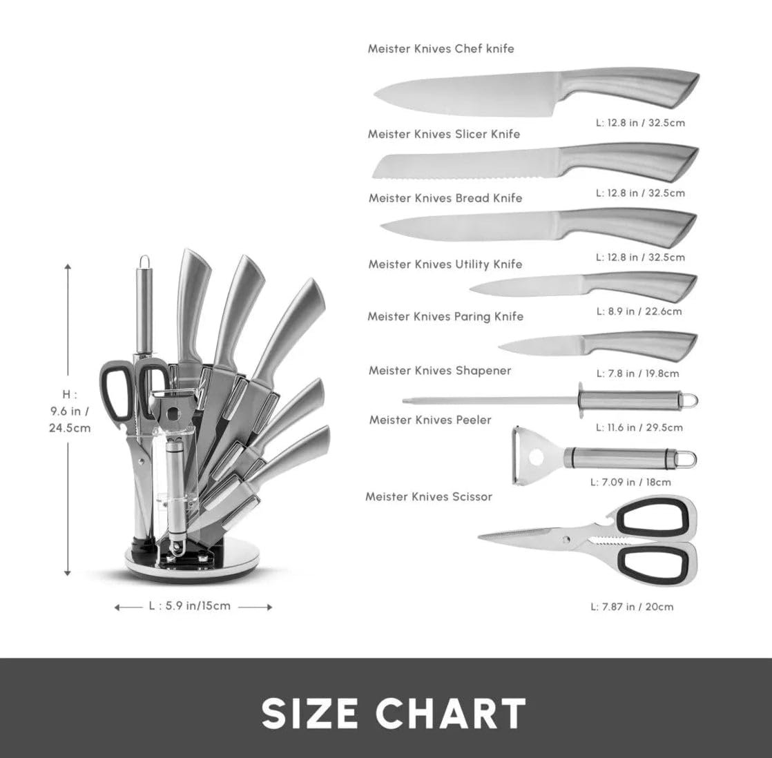 Набор ножей Karaca Meister Palm Steel, 9 предметов, нож для хлеба, нож для нарезки, нож шеф-повара, деревянная ручка, фото №2
