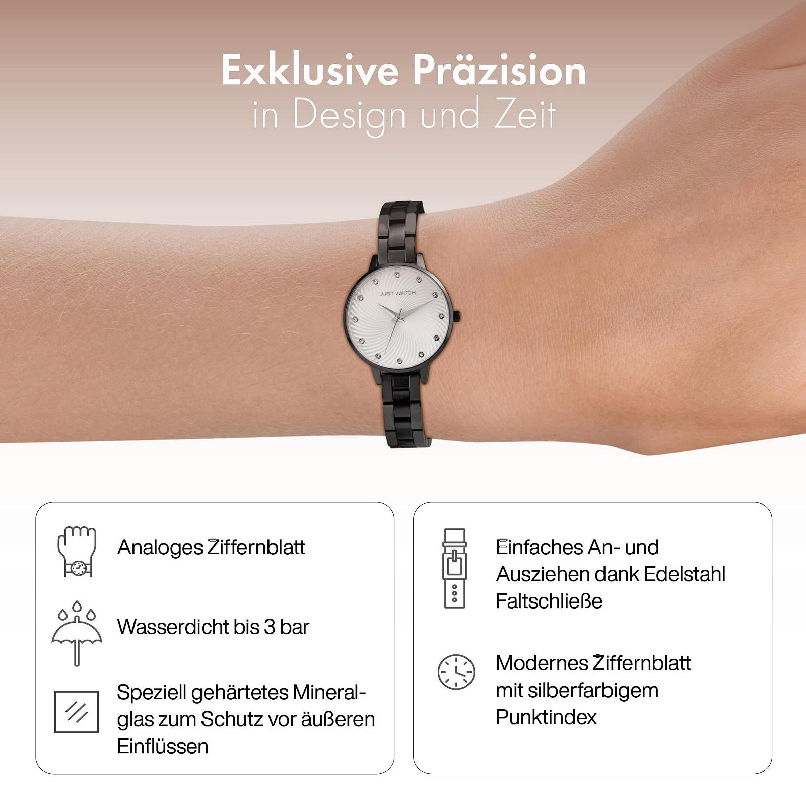 Женские часы Just Watch, нержавеющая сталь, браслет-звенья, 22 см, диаметр 34 мм, 12 мм, черный, серебристый, браслет, фото №3