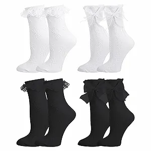 4 пары кружевных носков для женщин Lolita Ribbon Fairy с оборками, хлопковые балетные носки Frilly в стиле принцессы для девочек (черный, белый) - Фото 1