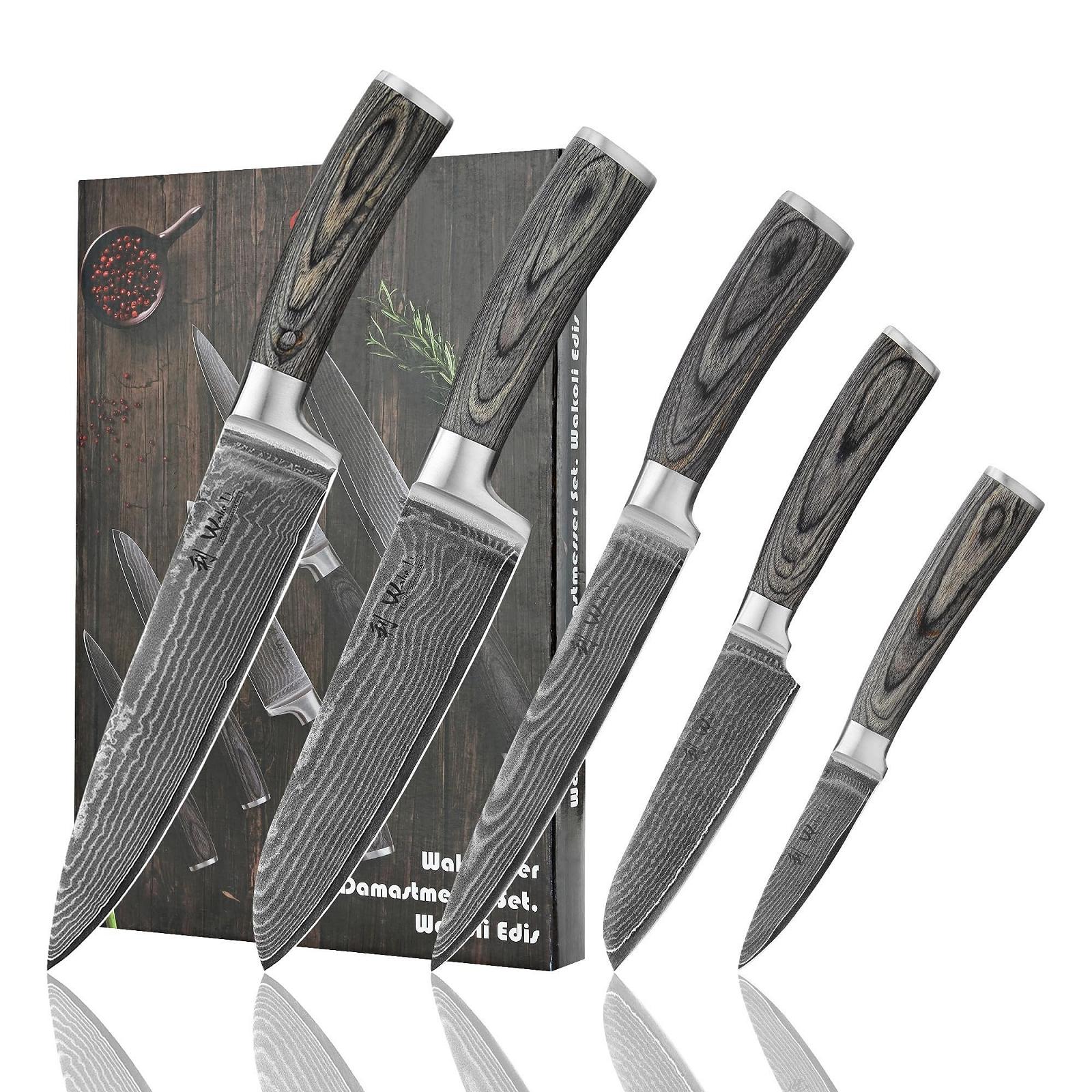 Набір ножів Wakoli Edis Professional Damascus, леза 8-20 см, 67 шарів дамаської сталі з серцевиною VG10, руків’я з дерева Pakka, фото №1