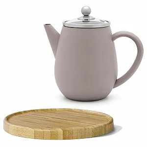 Чайник-заварник Подвійні стінки Mini 0.5 літра Concrete Grey, ізольований глечик з нержавіючої сталі з коричневою дерев'яною підставкою та фільтром для чаю для розсипного чаю - Фото 1