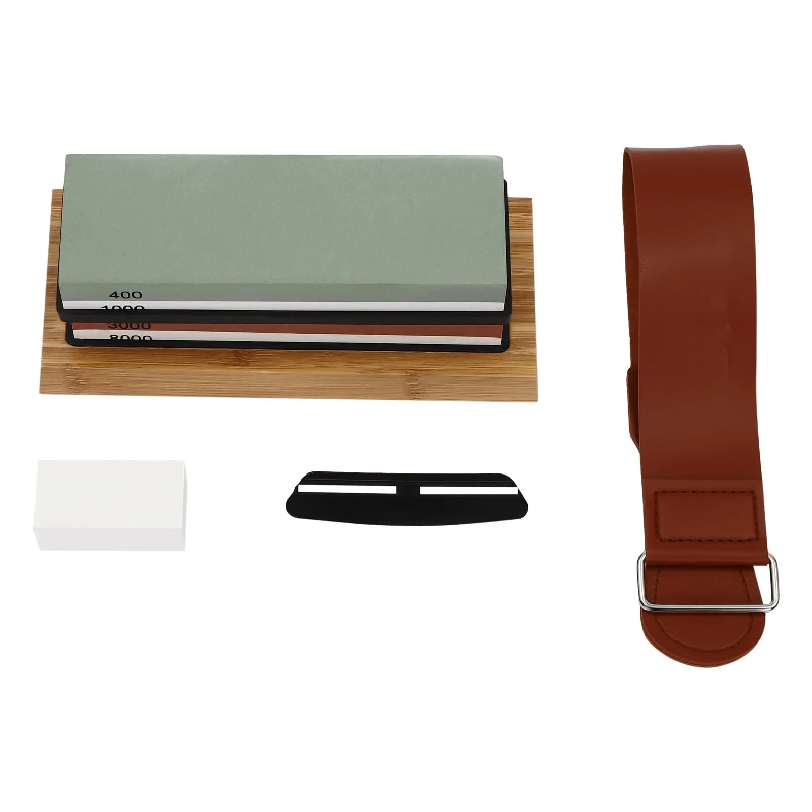Професійний набір точильних каменів 400/1000 3000/8000 з бамбуковою основою, правильним каменем та шкіряними ременями, фото №1