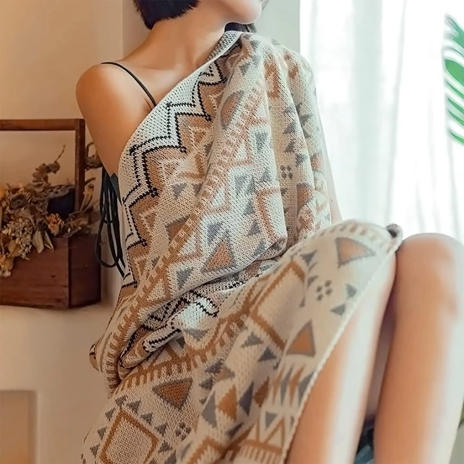 Вязаний плед LumiSyne в Богемному етнічному стилі з геометричним візерунком і бахромою, 170 x 130 см, фото №2