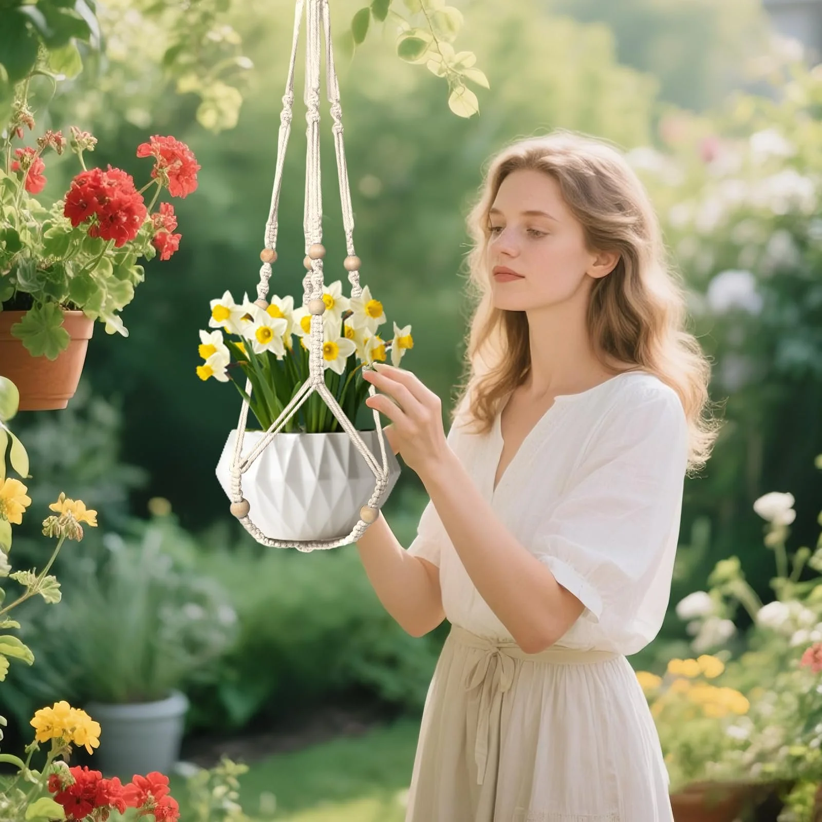 Набор подвесных кашпо макраме 5 шт. из хлопковой веревки с крючками, фото №5