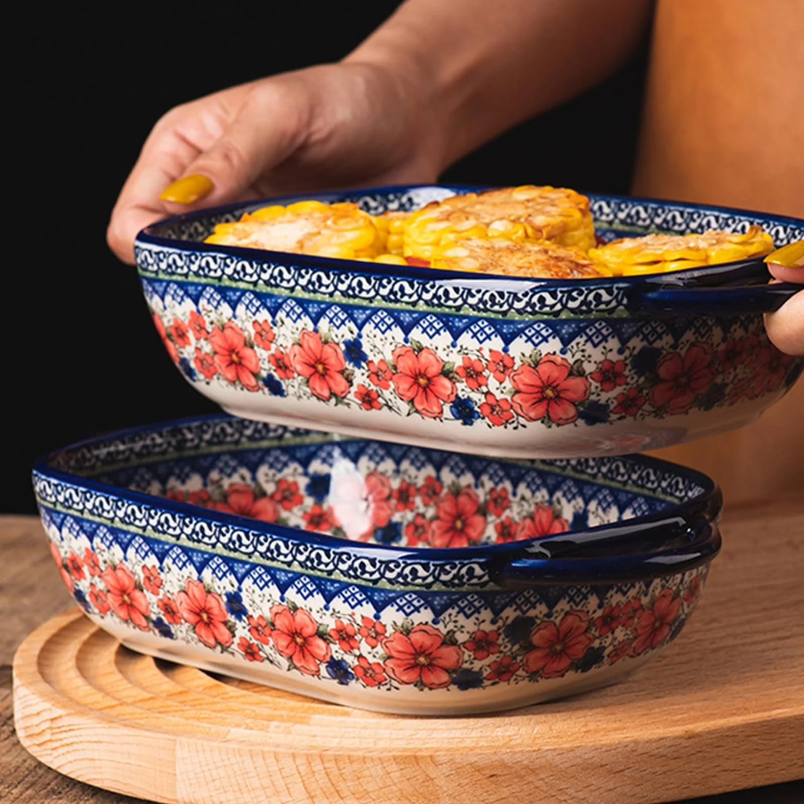 Форма для запікання керамічна 730 мл прямокутна з подвійними ручками та квітковим принтом, фото №5