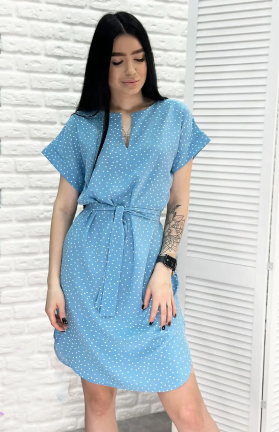 Женское летнее платье в горошек с коротким рукавом GF509250 размер 46/48, цвет голубой, фото №1