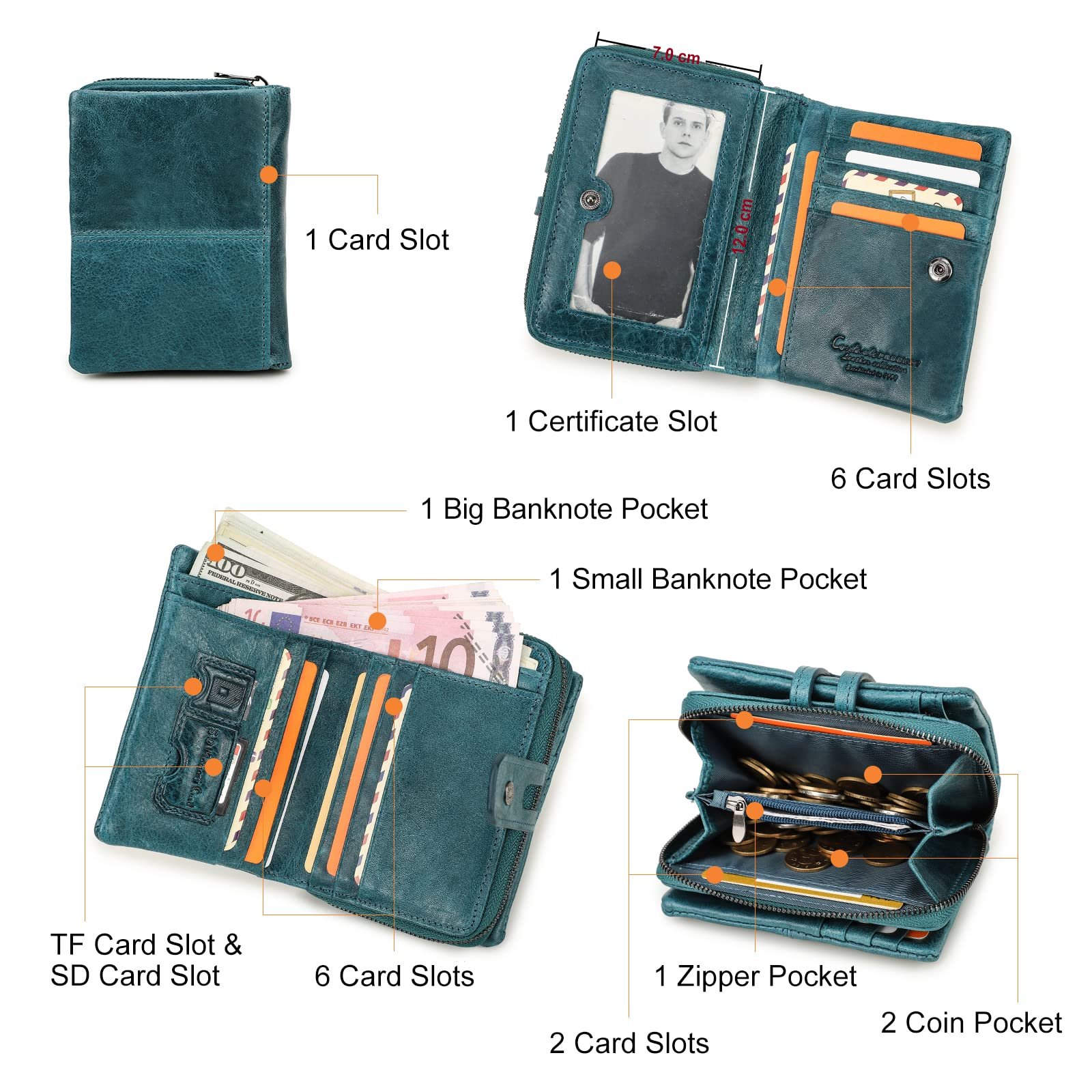 Гаманець Contacts Шкіряний Bifold/Trifold для монет, карт, з кишенею на блискавці, клатч, фото №5