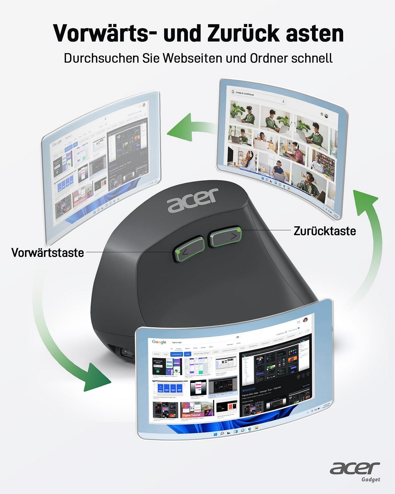 Миша Acer Бездротова, Перезаряджувана 2.4 GHz Вертикальна з 3 DPI, 6 Кнопками, фото №4