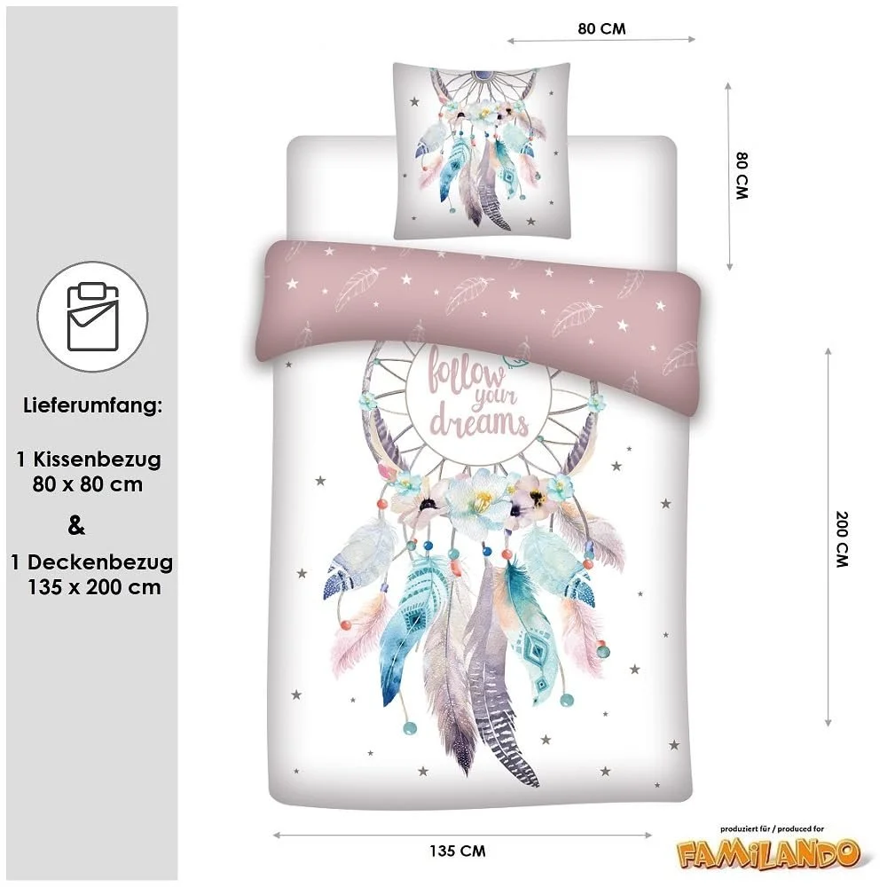Комплект дитячої постільної білизни Familando Dream Catcher / Bohemian Girl 135 x 200 см + 80 x 80 см, 100% бавовна, рожевий, фото №3