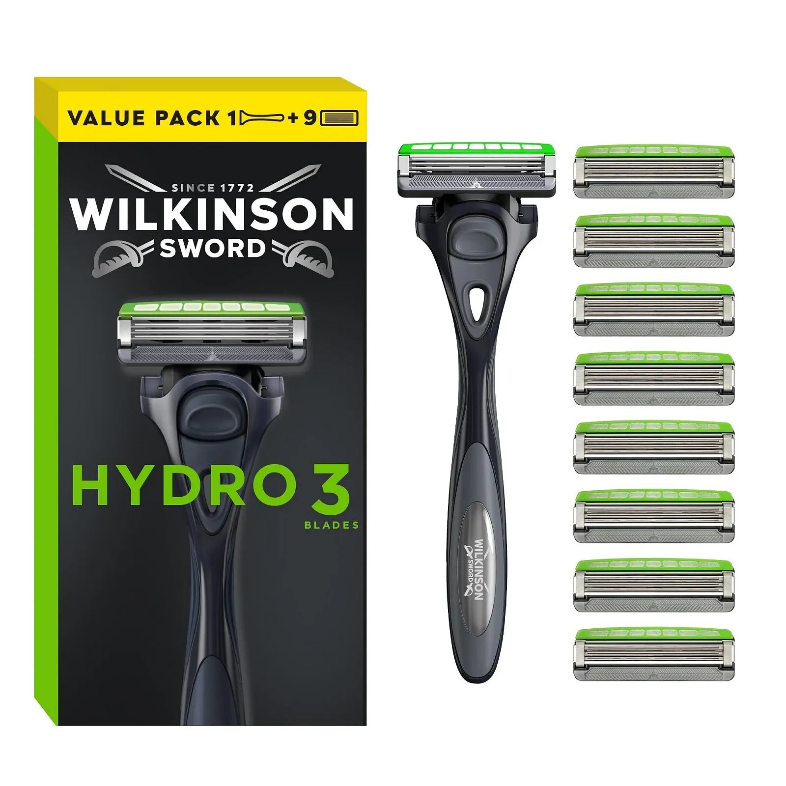 Бритва Wilkinson Sword Hydro 3 для мужчин, станок + 9 сменных кассет, фото №1