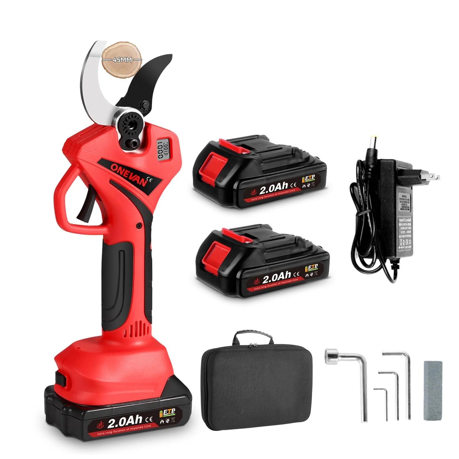 Секатор акумуляторний ONEVAN 800 Вт, діаметр різу 45 мм, з 2 акумуляторами 2.0Ah та LCD дисплеєм, фото №1
