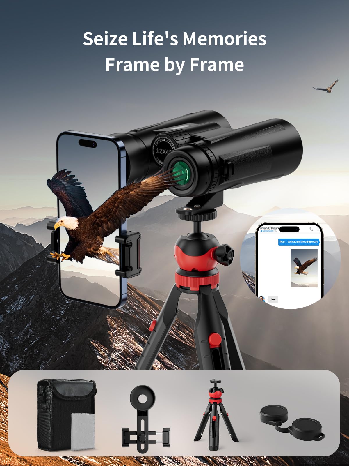 Бінокль Binoteck 12 x 42 Компактний з великим збільшенням BAK4 з адаптером для штатива і телефону Ремінець Чіткий при слабкому освітленні Чорний, фото №6