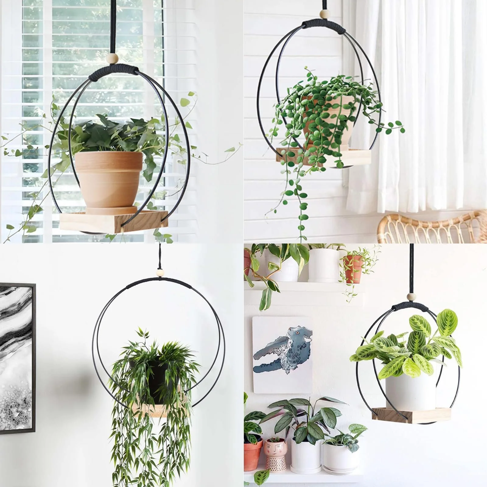 Підвісний квітковий горщик 30 x 30 см з дерев'яною основою та гачком Чорний, фото №7 Підвісний квітковий горщик 30 x 30 см з дерев'яною основою та гачком Чорний, фото №7