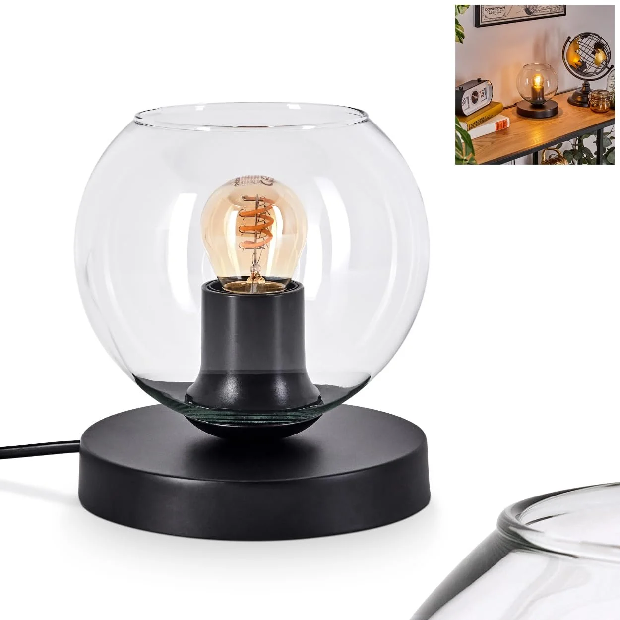 Настільна лампа HOFSTEIN Koyoto Metal/Glass Modern 15 см E27 Black/Clear, фото №1