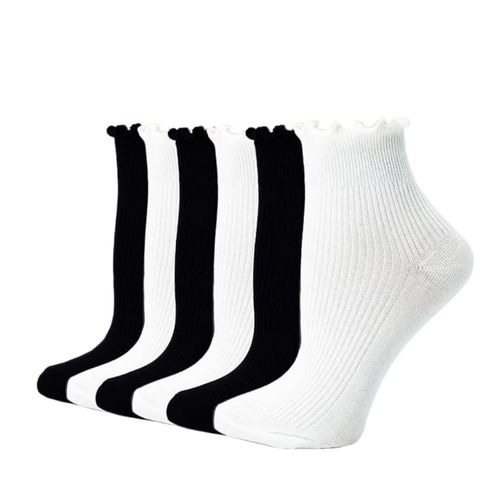 Носки AKAMAS Кружевные с оборками Женские 6 пар Хлопковые носки Дышащие Мягкие Однотонные Короткие Носки для щиколотки, фото №1