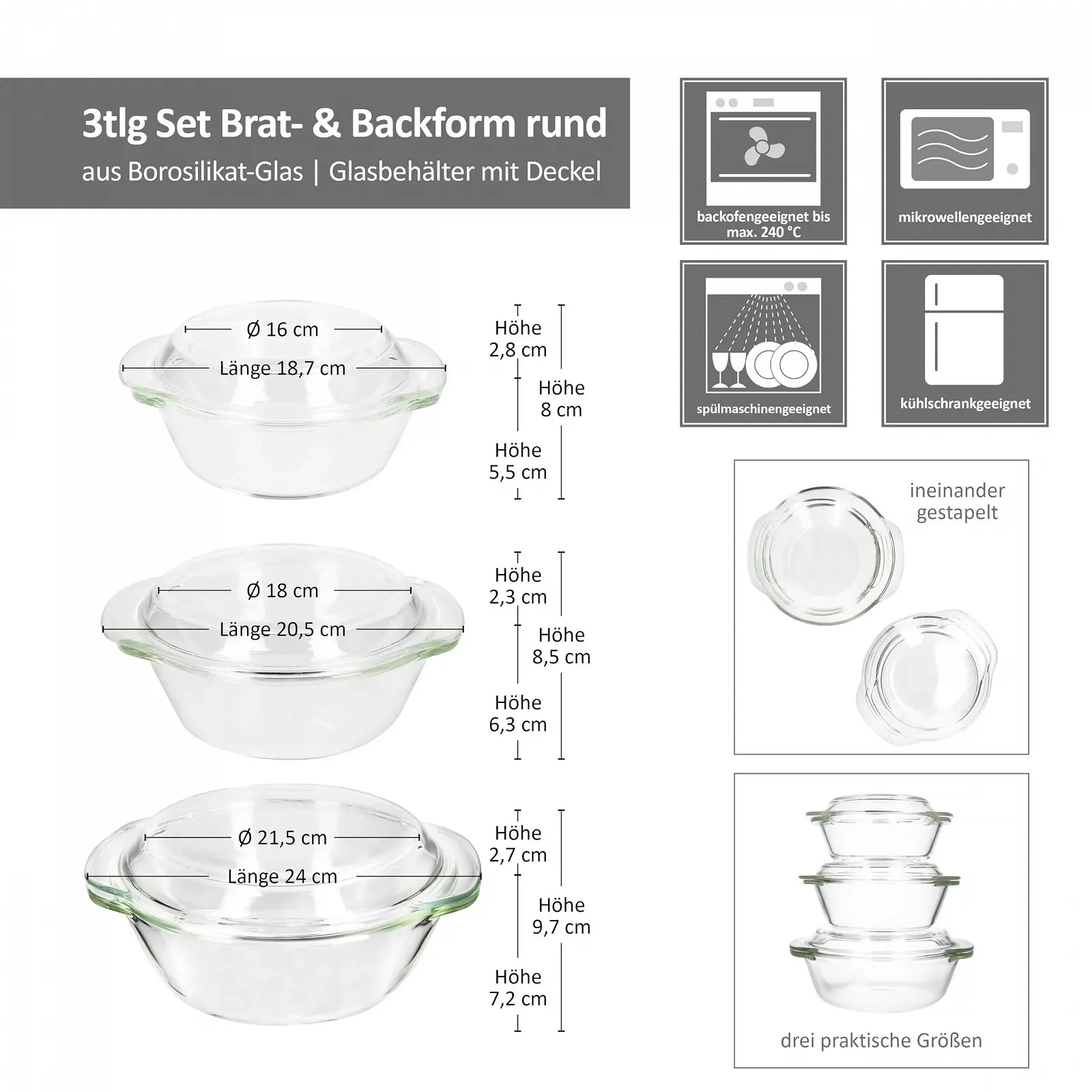 Набір форм для запікання MamboCat 3 предмети 0,7 л, 1 л та 1,5 л з кришками, круглі, боросилікатне скло, фото №6