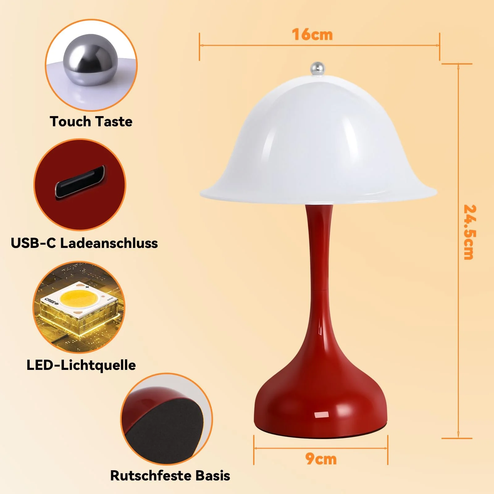 Настільна лампа LED Акумуляторна Сенсорна Димер 2000 K - 6500 K USB Red, фото №5