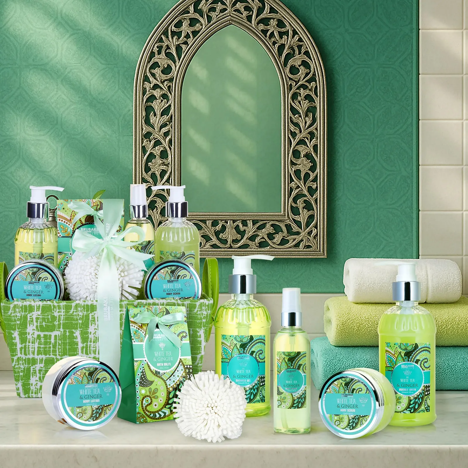 Набір для ванни BRUBAKER Cosmetics "White Tea & Ginger" з 8 предметів у кошику, фото №2