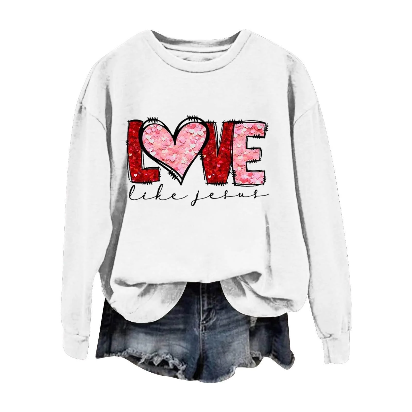 Женский свитшот с принтом ко Дню святого Валентина, повседневный, с круглым вырезом, с длинными рукавами и принтом в виде сердца, фото №1