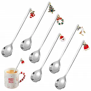 Рождественская ложка Рождественская кофейная ложка из нержавеющей стали Десертная ложка Чайная ложка с рождественским кулоном Набор рождественских ложек Подарочная коробка Упаковка 6 штук (Серебряная) - Фото 1