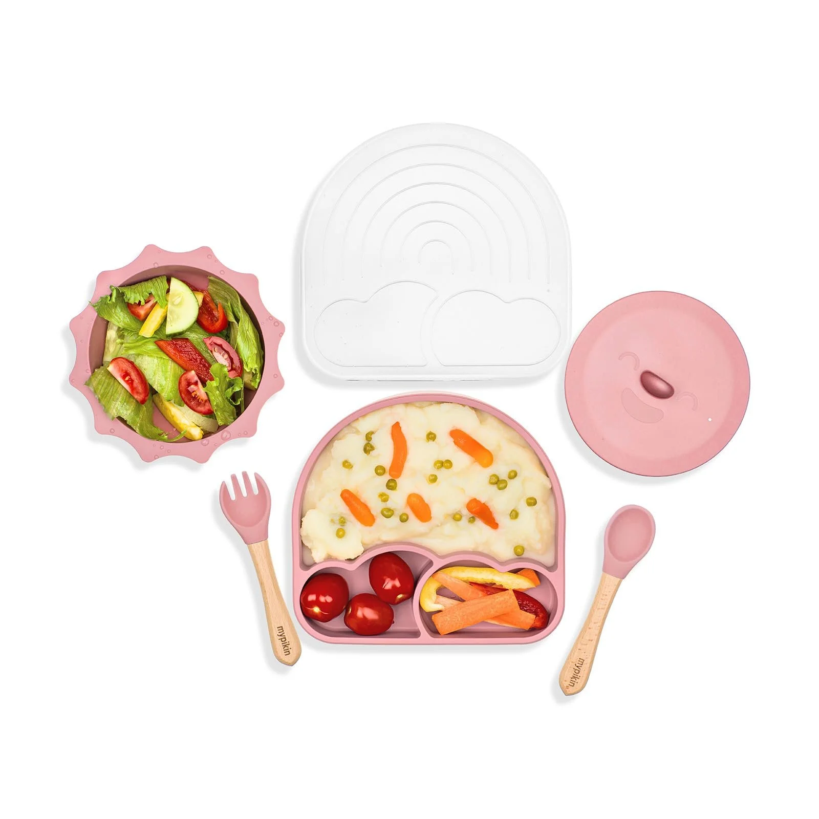 Набір дитячого посуду mypikin Рожевий, 5 предметів: тарілка, миска, слинявчик, виделка, ложка, кришки, фото №4