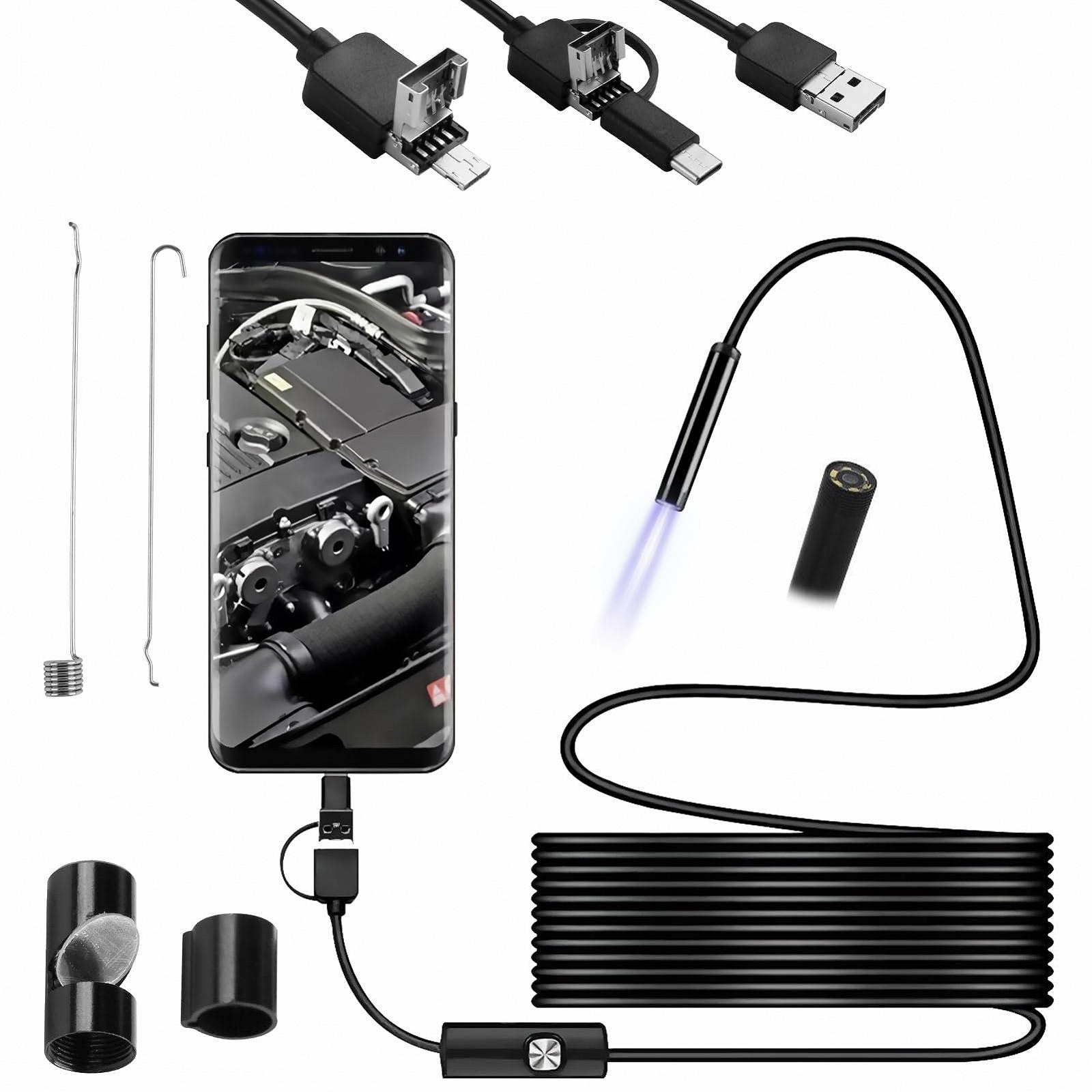 Эндоскоп 3 в 1 Инспекционная камера 7мм USB эндоскоп с 6 LED фонарями IP67 водонепроницаемый гибкий жесткий змеевик для раковины трубы и стока совместим с Android и компьютером 2м, фото №1