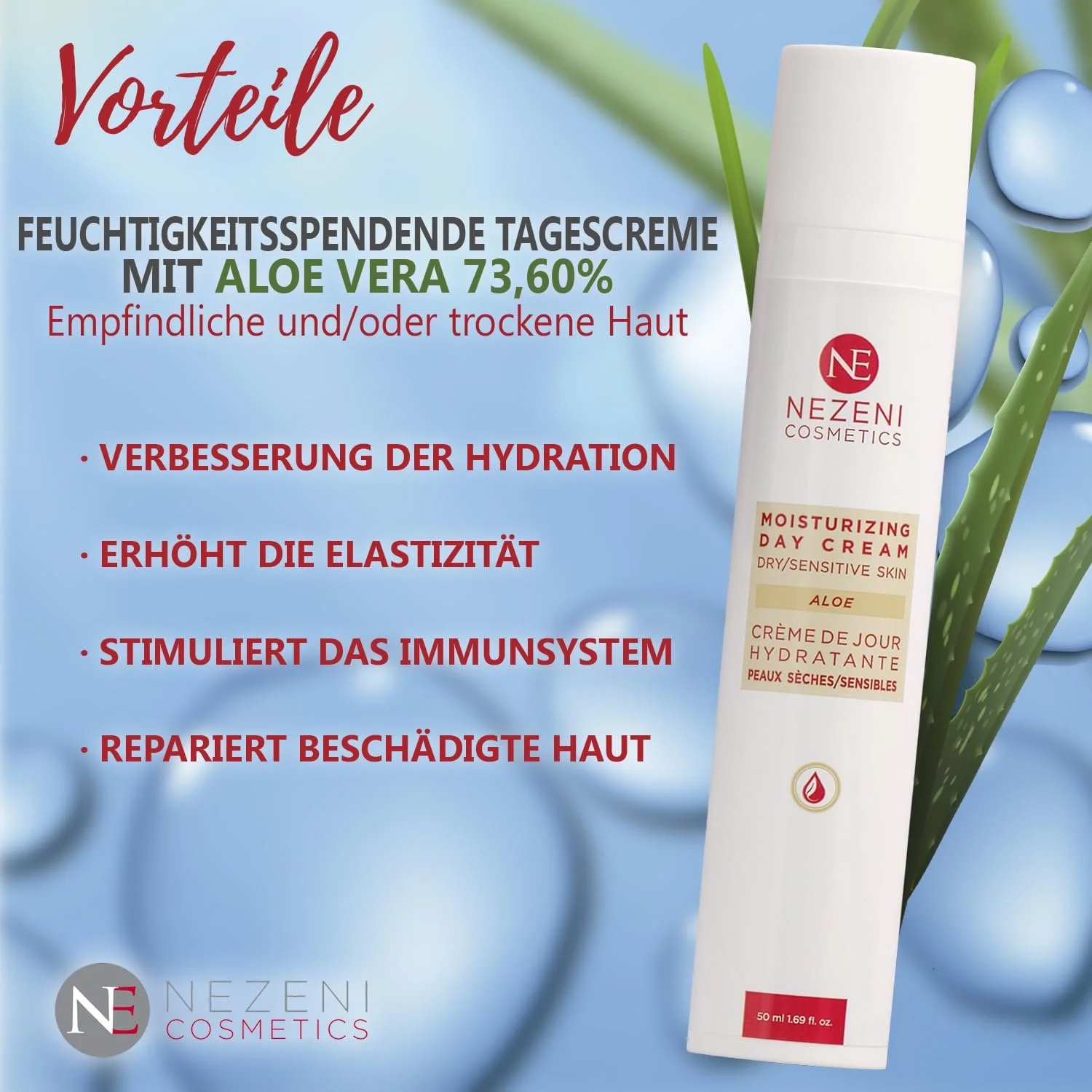 Денний крем Nezeni Aloe Vera 75.70% для сухої та чутливої шкіри зволожувальний з 18 активними інгредієнтами, фото №5