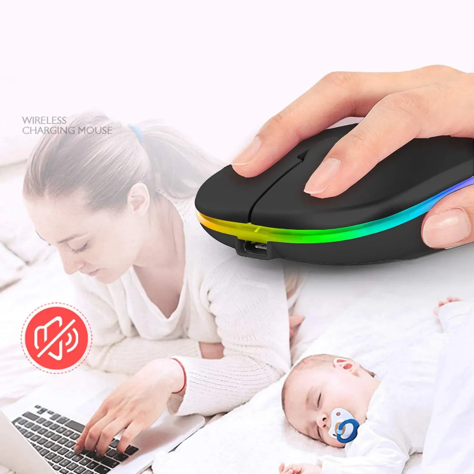 Миша GeekerChip Бездротова, Bluetooth 5.1 + 2.4G, ультратонка, безшумна, 800-1200-1600 DPI, чорна, фото №6