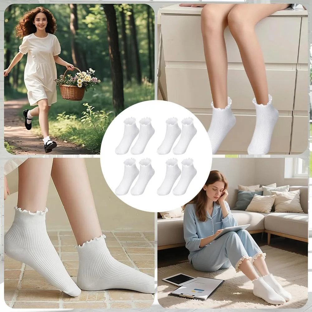 Носки с рюшами Хлопковые Дышащие Вязаные Белый, Короткие, 4 пары, фото №5