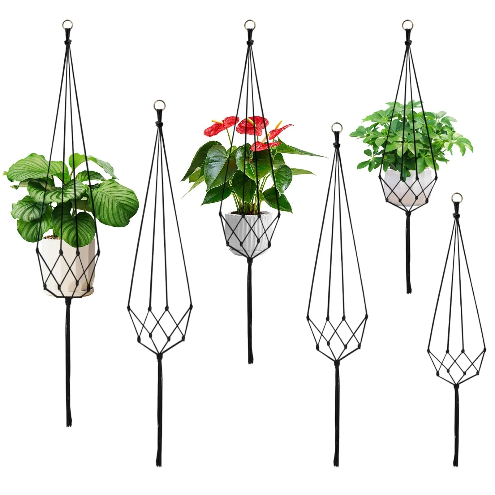 Підвісні кашпо макраме бавовняна мотузка 60/80/100 см 6 шт Чорний, фото №1