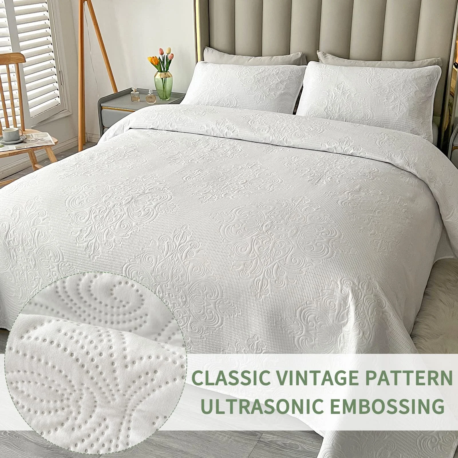 Покривало Qucover 240 x 260 см Білий з 2 наволочками 50 x 75 см, Вінтажний візерунок, фото №4
