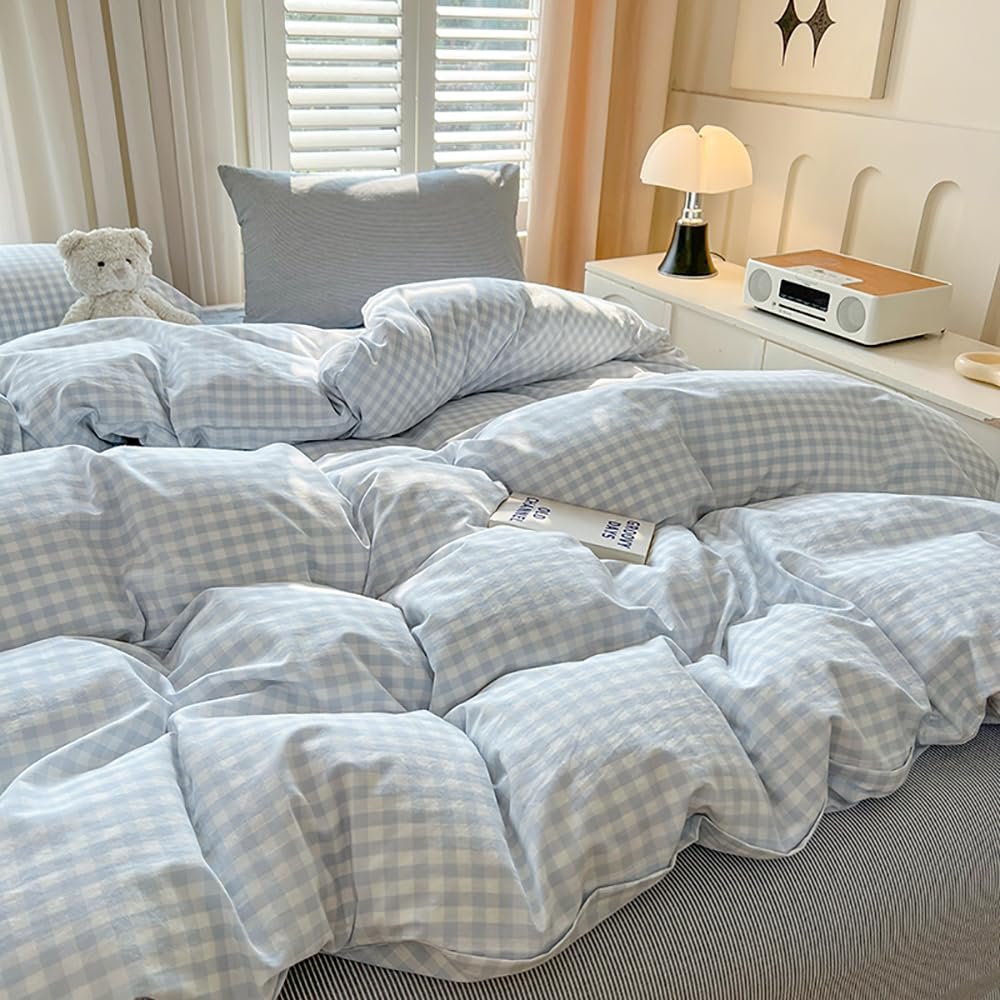 Постільна білизна Covebett 135 x 200 см, синьо-біла, в клітинку, сучасний комплект підодіяльника в стилі заміського будинку, геометричний картатий візерунок, з мікрофібри, праний, підодіяльник і наволочка 80 x 80 см на блискавці, фото №5