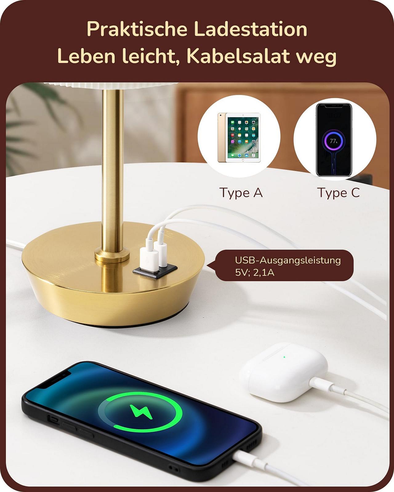 Світлодіодна настільна лампа EDISHINE набір із 2 шт. сенсорна з димером 2 USB золота, фото №3