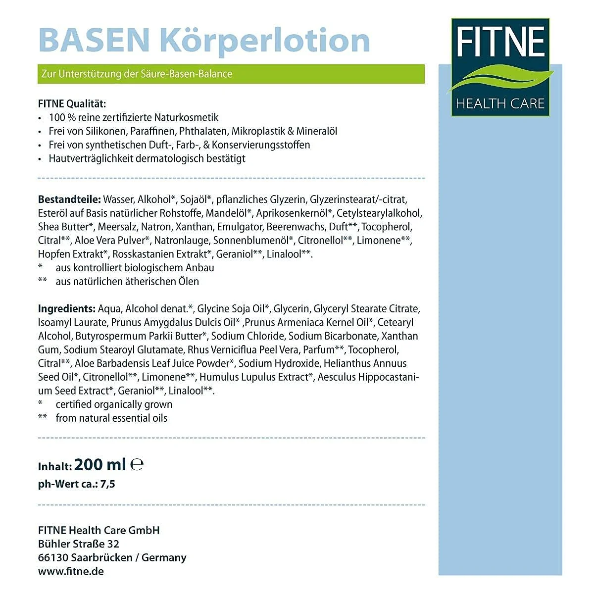 Лосьйон для тіла Fitne Base Мигдальна олія, Олія абрикосових кісточок, Масло ши та Екстракт алое вера 200 мл, фото №2
