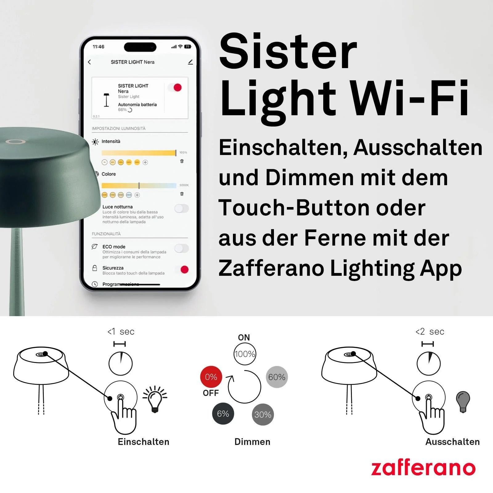 Настільна лампа Zafferano Sister Light Wi-Fi акумуляторна бездротова з дистанційним керуванням ступінчастий димер 2200-4000K висота 32.8 см колір мідь, фото №5