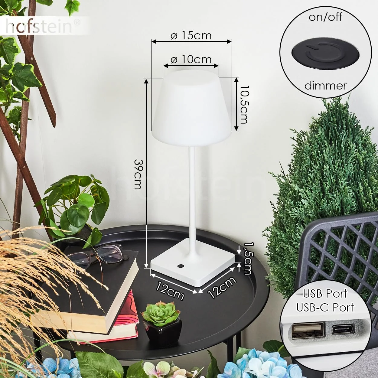 Настільна лампа HOFSTEIN Mayordomo LED Outdoor димована метал/пластик USB USB-C акумулятор сенсорний димер IP44 біла, фото №5