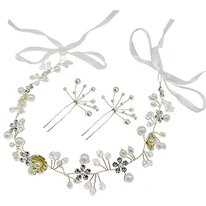 Венок для волос Allazone с кристаллами и 2 шпильки для волос с жемчугом и стразами, золотой - Фото 1