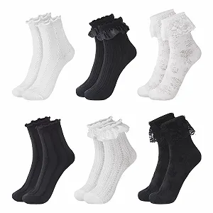Женские носки Ankle Socks с кружевом и оборками, 6 пар, носки для платья принцессы, повседневные носки с оборками, носки Lolita, носки для униформы JK, черно-белые - Фото 1