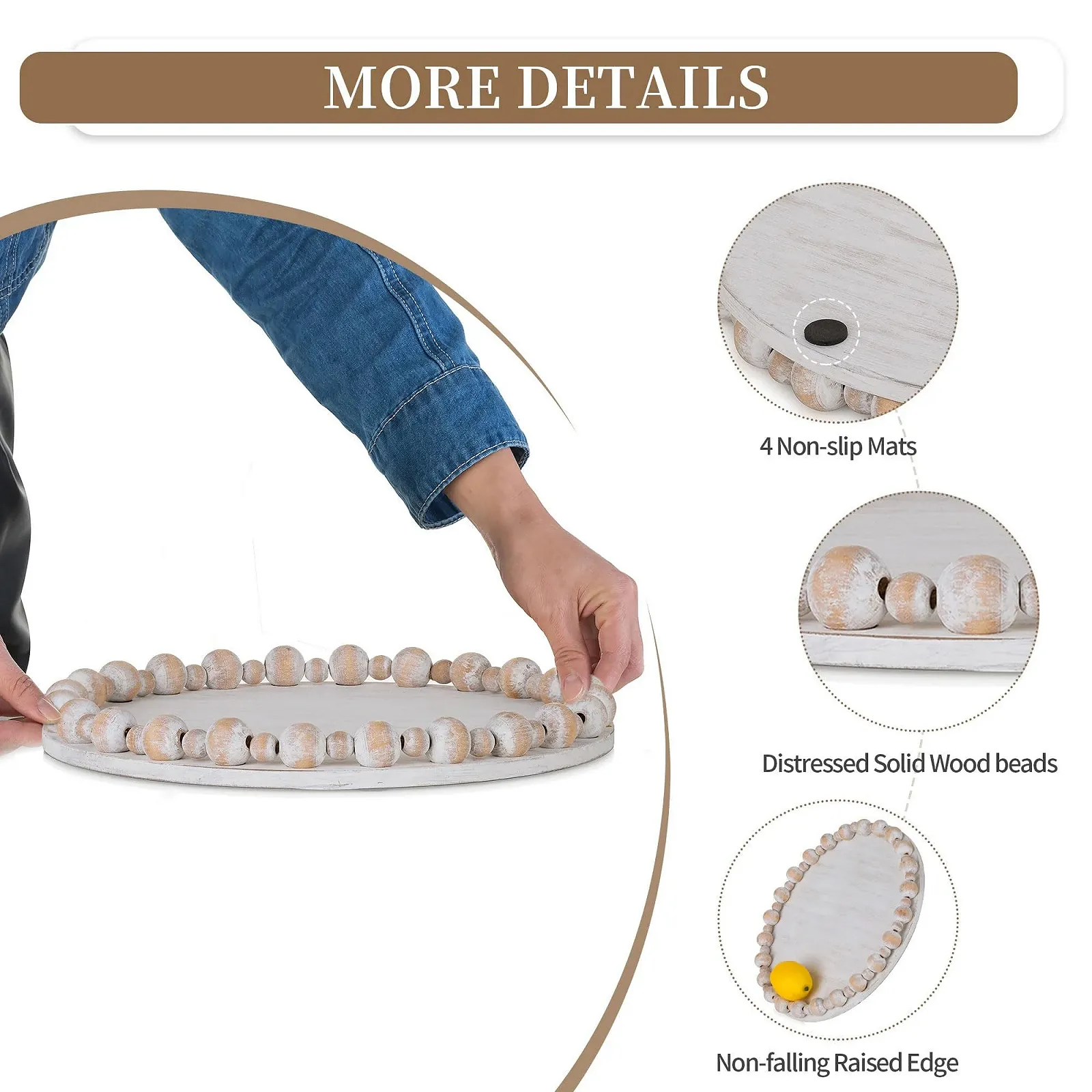 Круглый декоративный поднос Hanobe Деревянный, с искусственным жемчужным краем, фото №6