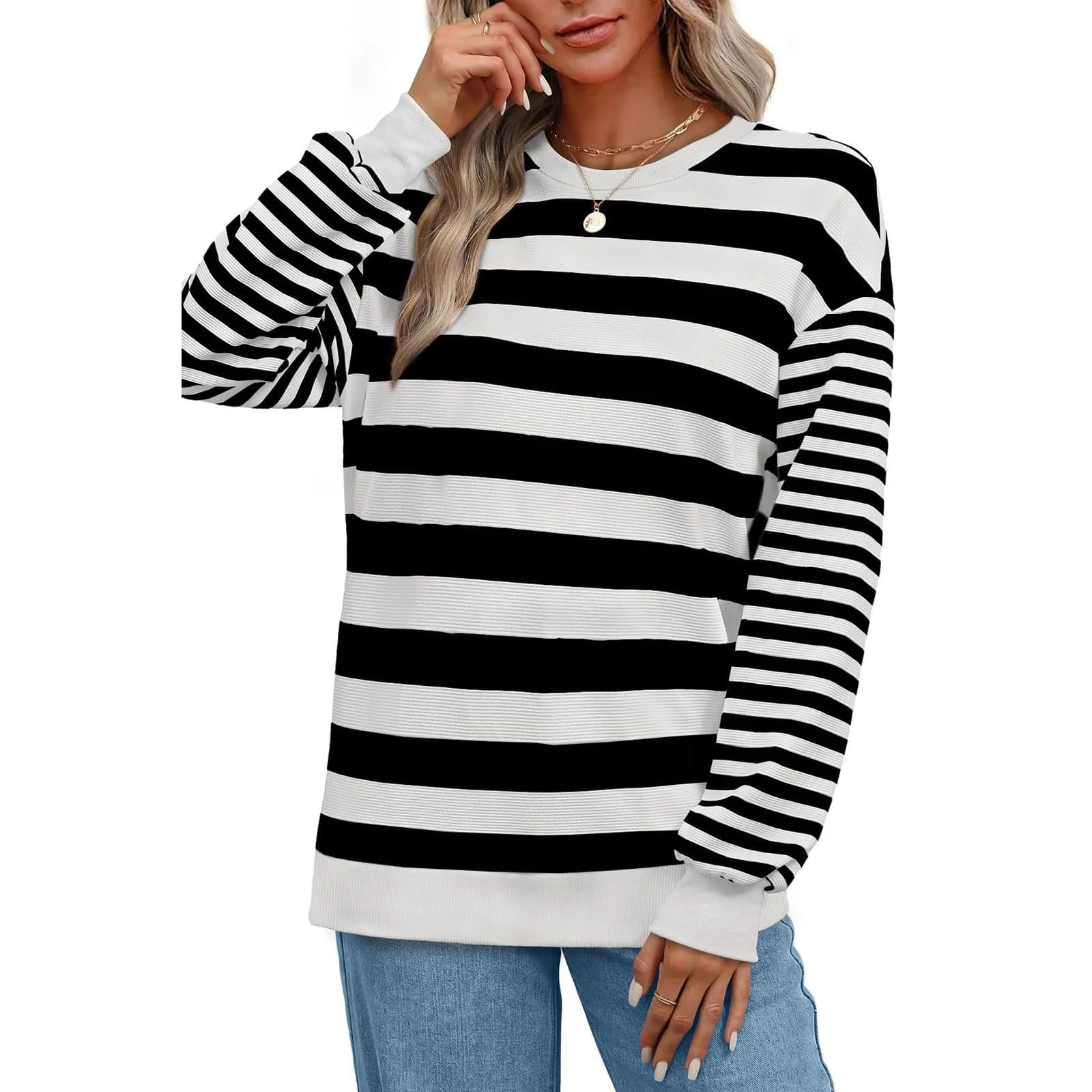 Женский Свитшот Полосатый Свободный крой Круглый вырез Длинный рукав Коровья принт, фото №5