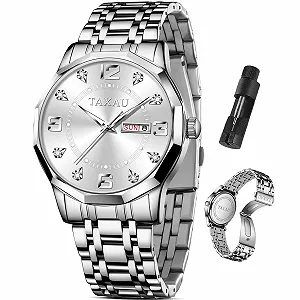 Мужские Часы Taxau Кварцевые Часы из Нержавеющей Стали Бизнес Часы с Датой Люминесцентные Водонепроницаемые Синий/Черный/Серый/Белый циферблат, серебряный браслет - Фото 1