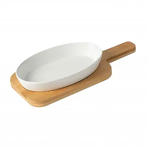 Форма для запекания Amosfun керамическая овальная с деревянной подставкой жаропрочная - Фото 1