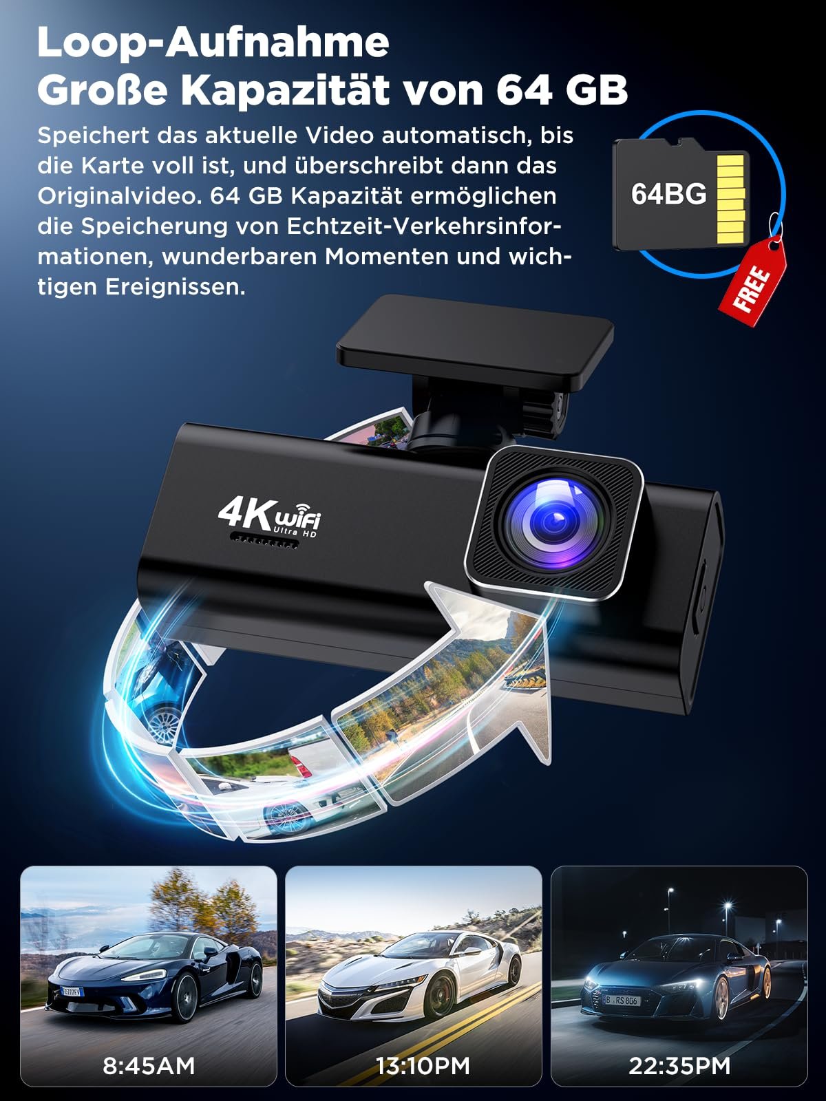 Відеореєстратор Topabol 4K + 1080P, передня і задня камери, WiFi, карта SD 64GB, нічне бачення, 170 градусів, широкий кут огляду, WDR, G-сенсор, циклічний запис, фото №5