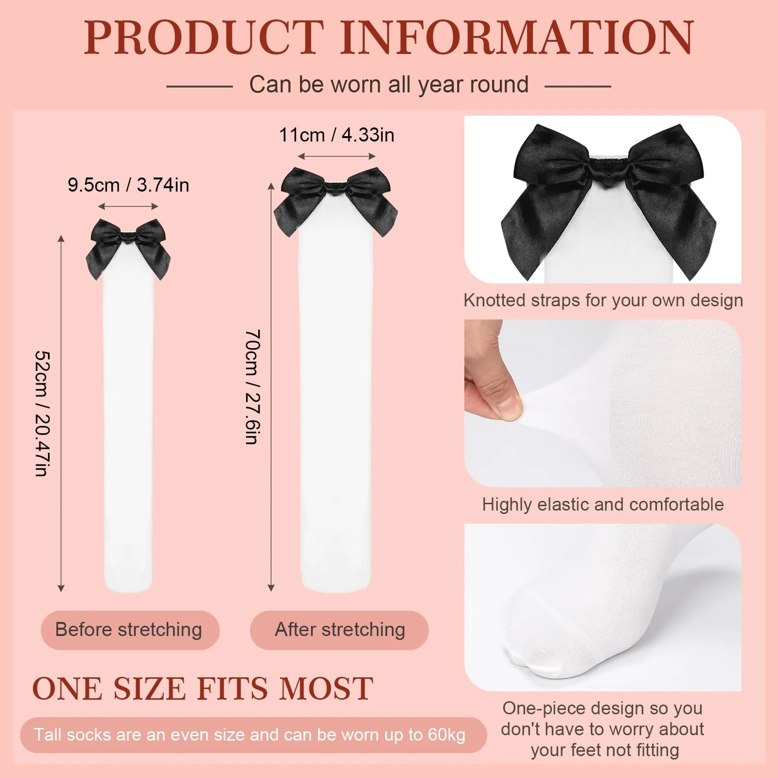 Гетри Boyiee Білі Вище колін Жіночі Гетри з бантами, фото №2 Гетри Boyiee Білі Вище колін Жіночі Гетри з бантами, фото №2