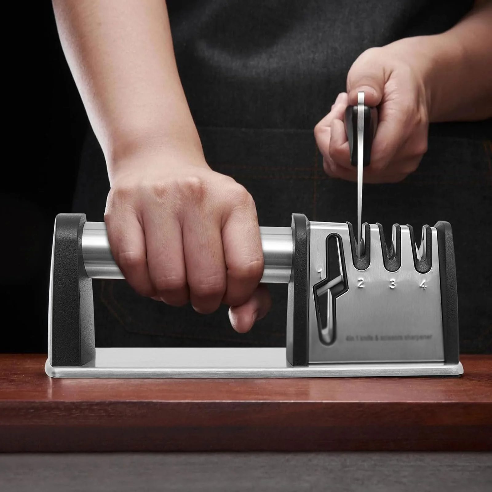 Точилка для ножів esmen 4-в-1 з вольфрамовою сталлю алмазним та керамічним покриттям для ножів та ножиць, фото №4